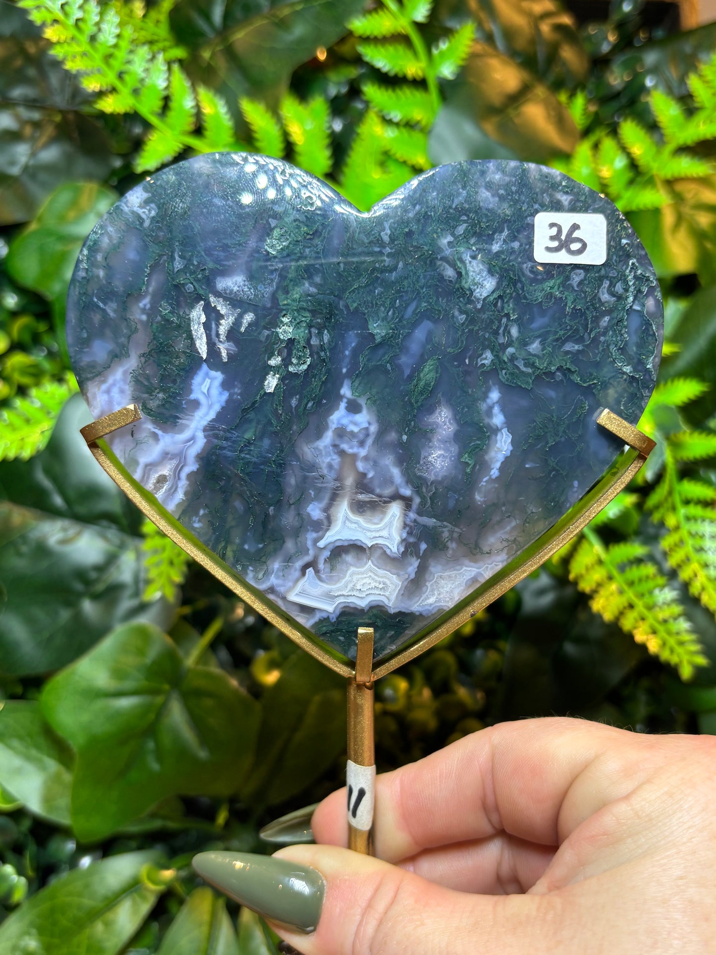 Moss Agate heart on custom stand