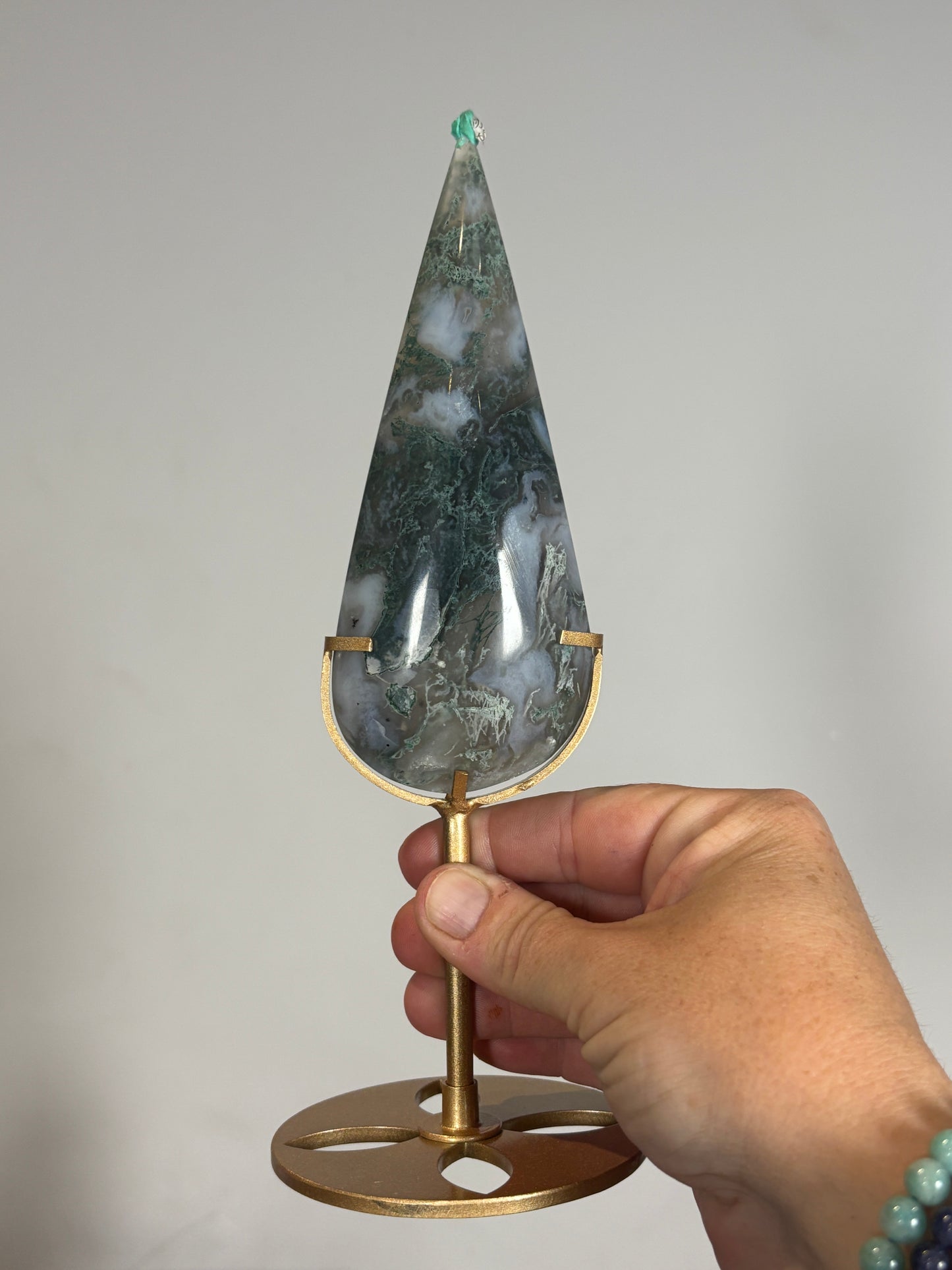 Moss Agate teardrops on stand
