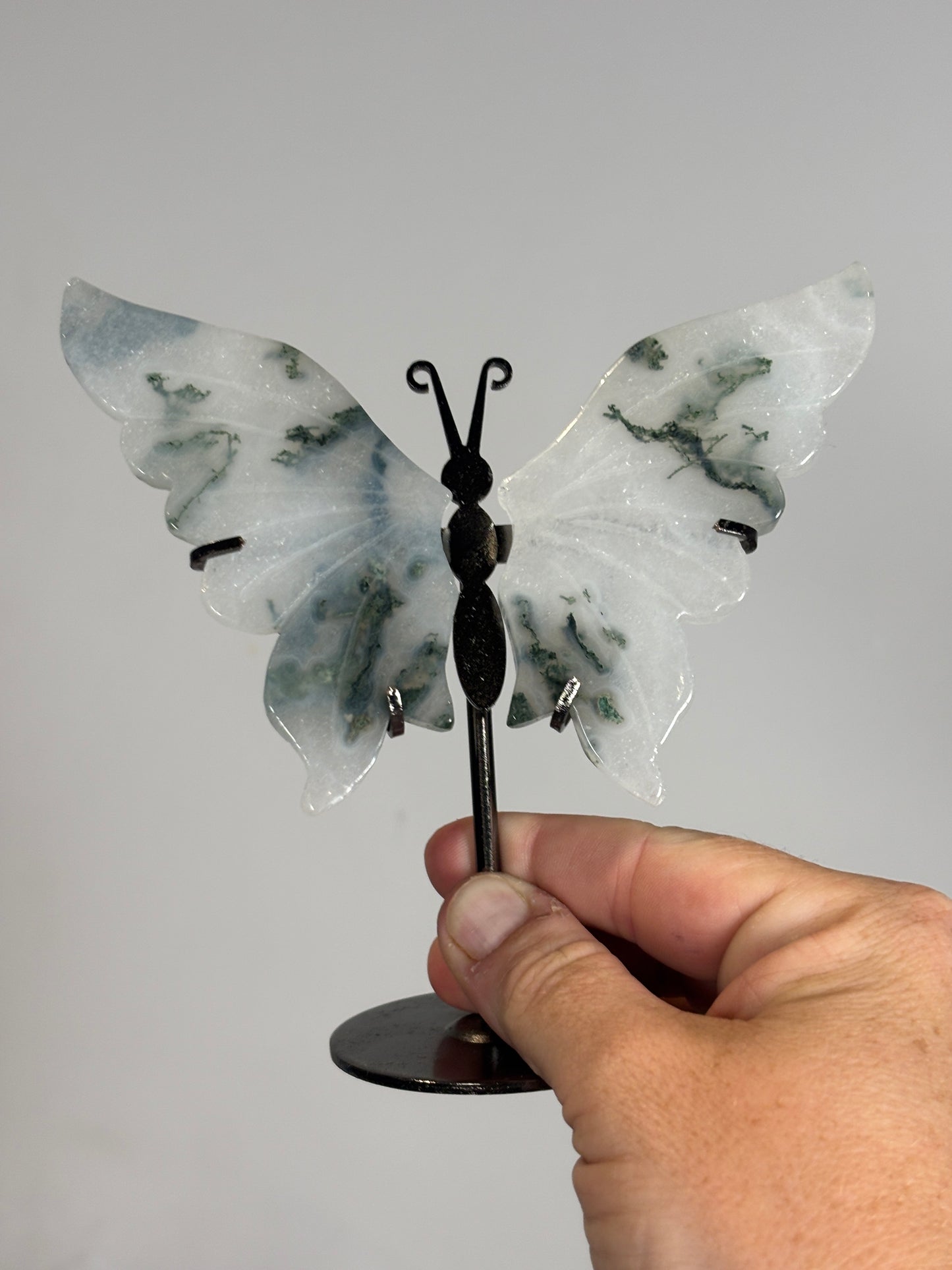 Moss Agate butterfly wings on stand