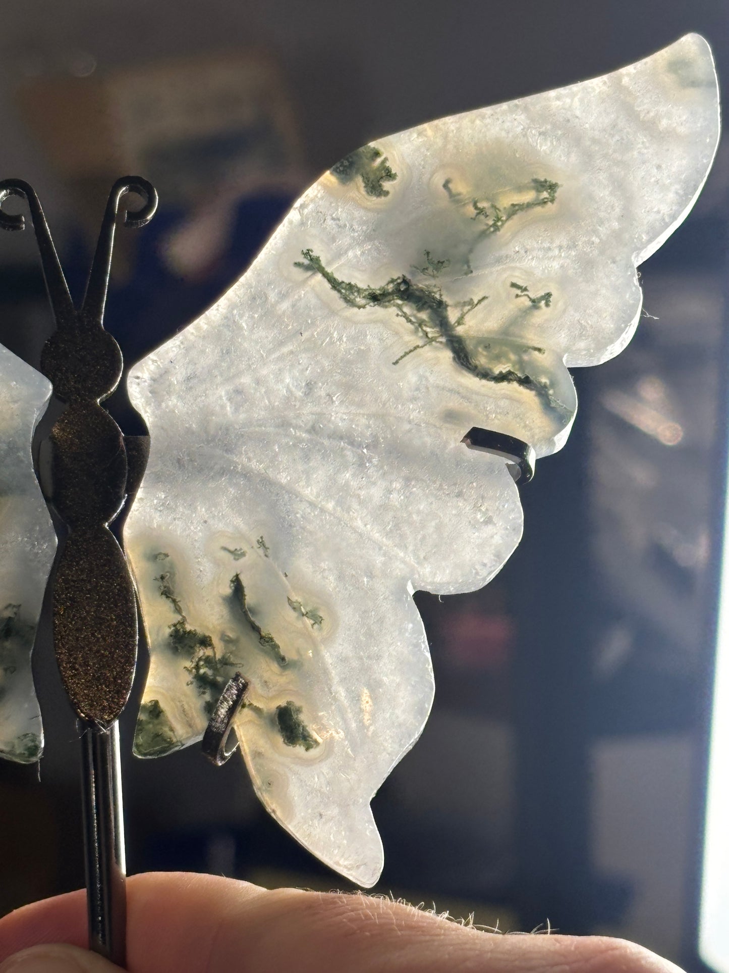 Moss Agate butterfly wings on stand