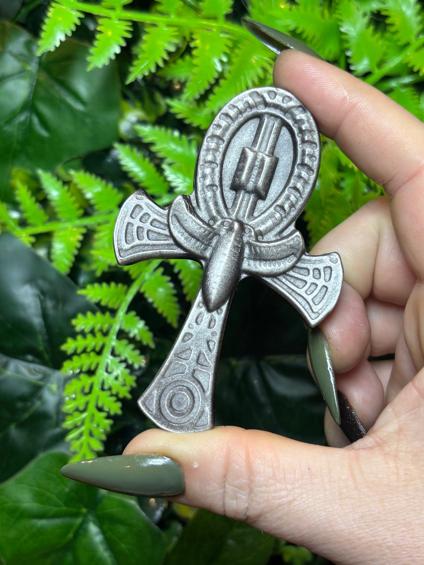 Silver Sheen Obsidian Ankh
