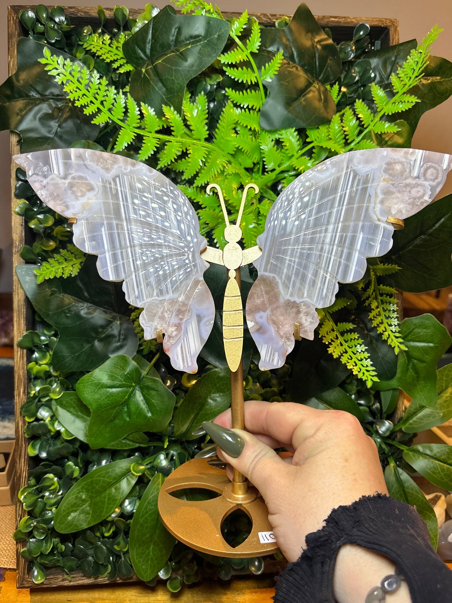 Statement Flower Agate butterfly wings on custom stand