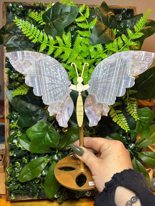 Statement Flower Agate butterfly wings on custom stand