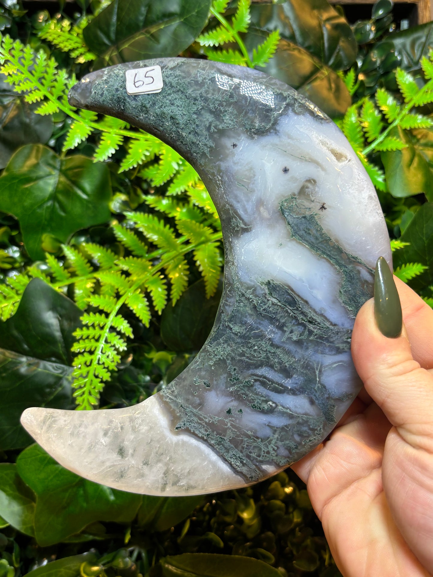 Statement Moss Agate moon on custom stand