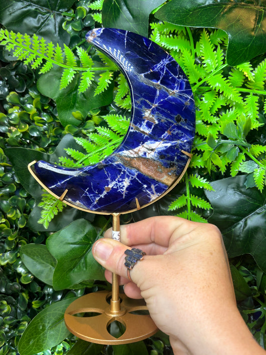 Sodalite moon on custom stand