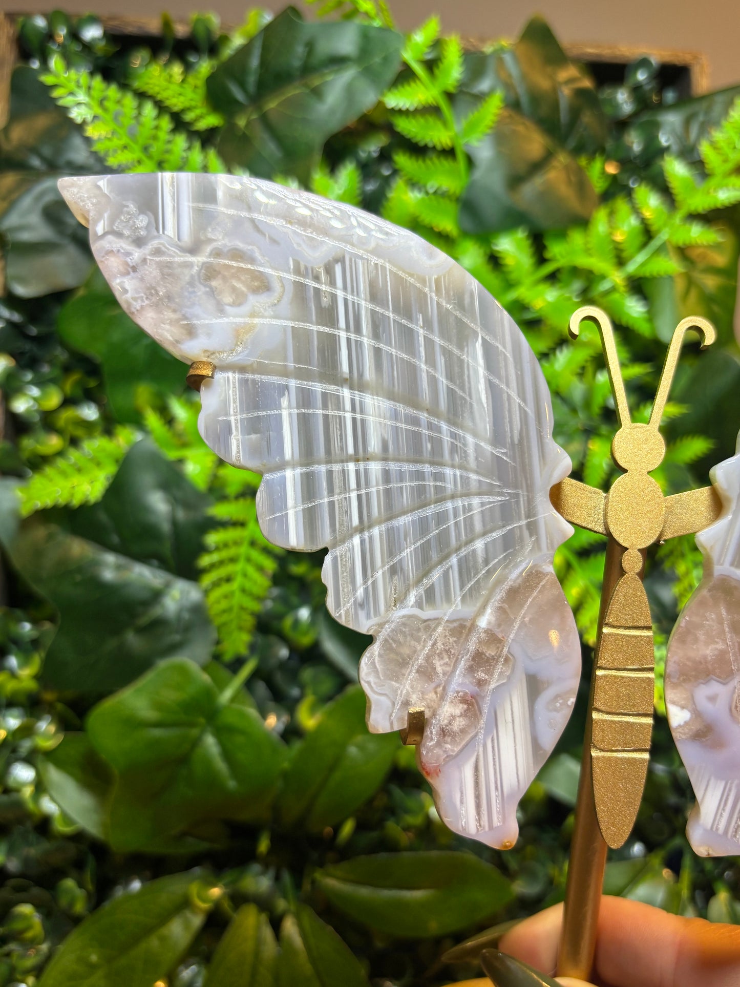 Statement Flower Agate butterfly wings on custom stand