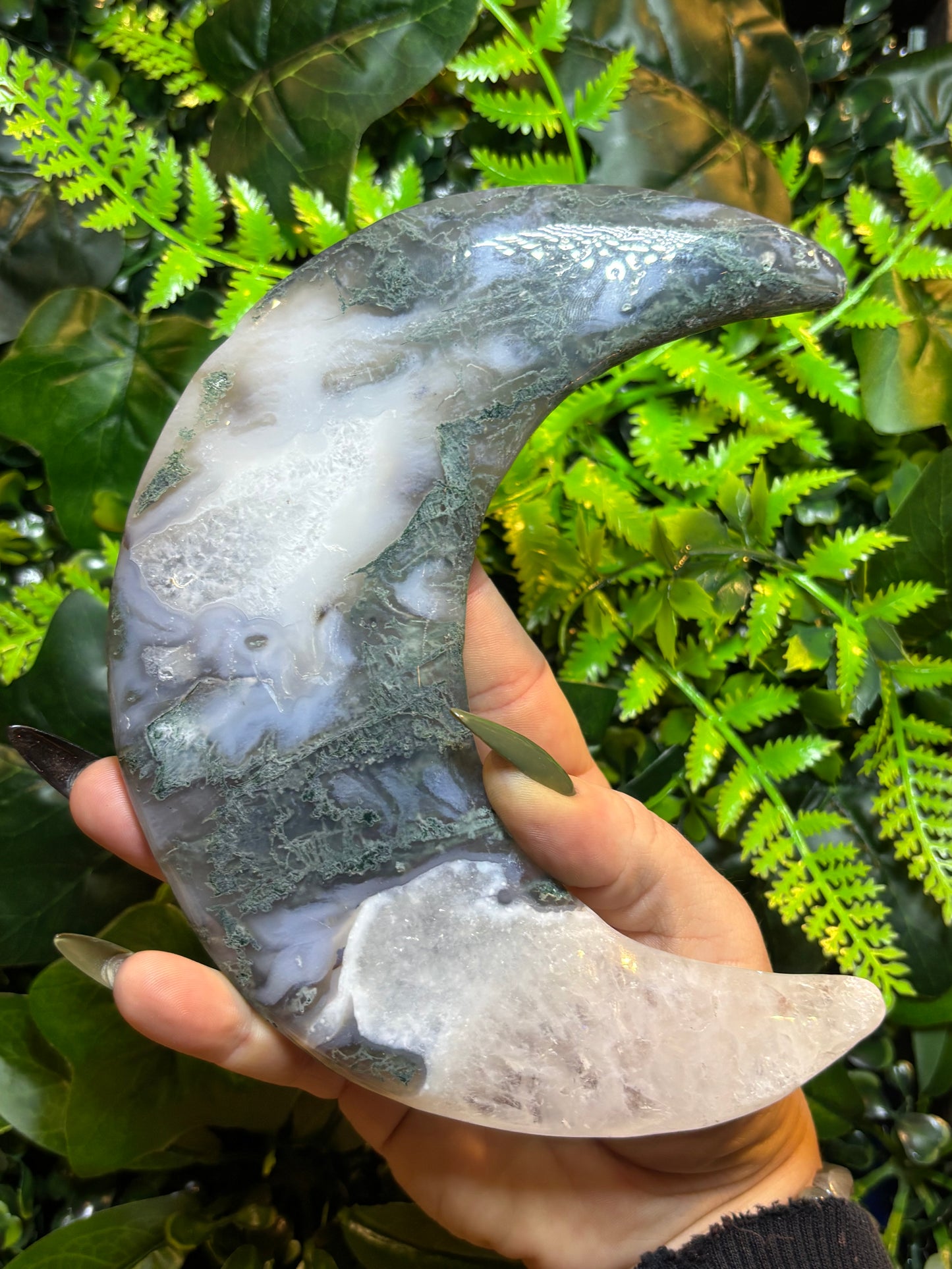 Statement Moss Agate moon on custom stand