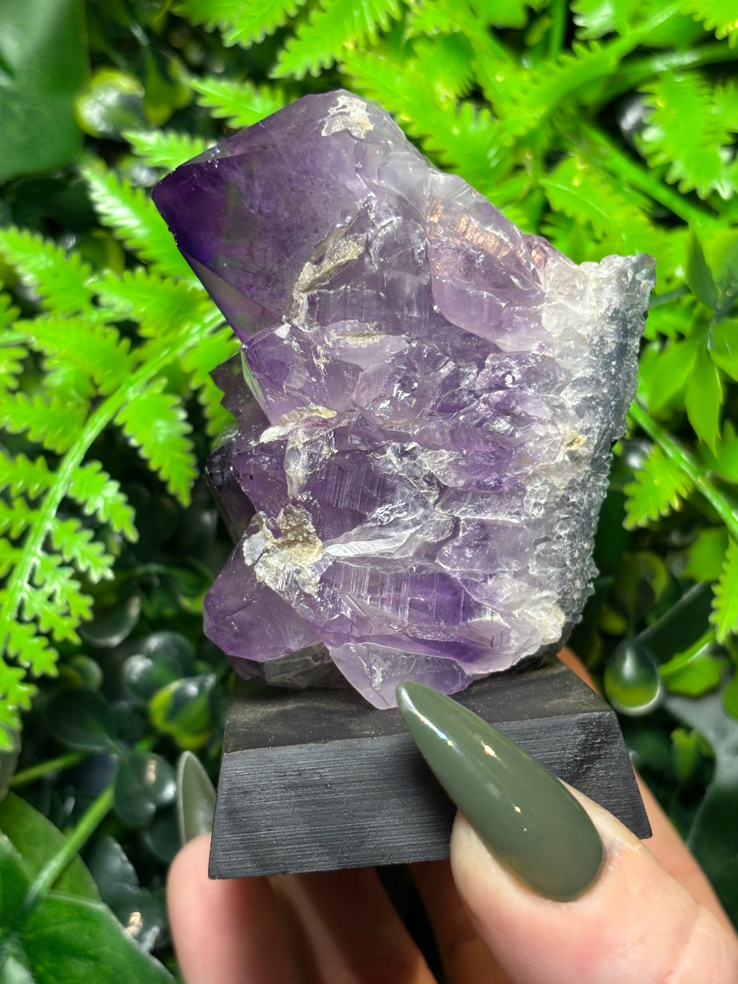 Amethyst cluster on wooden base - C