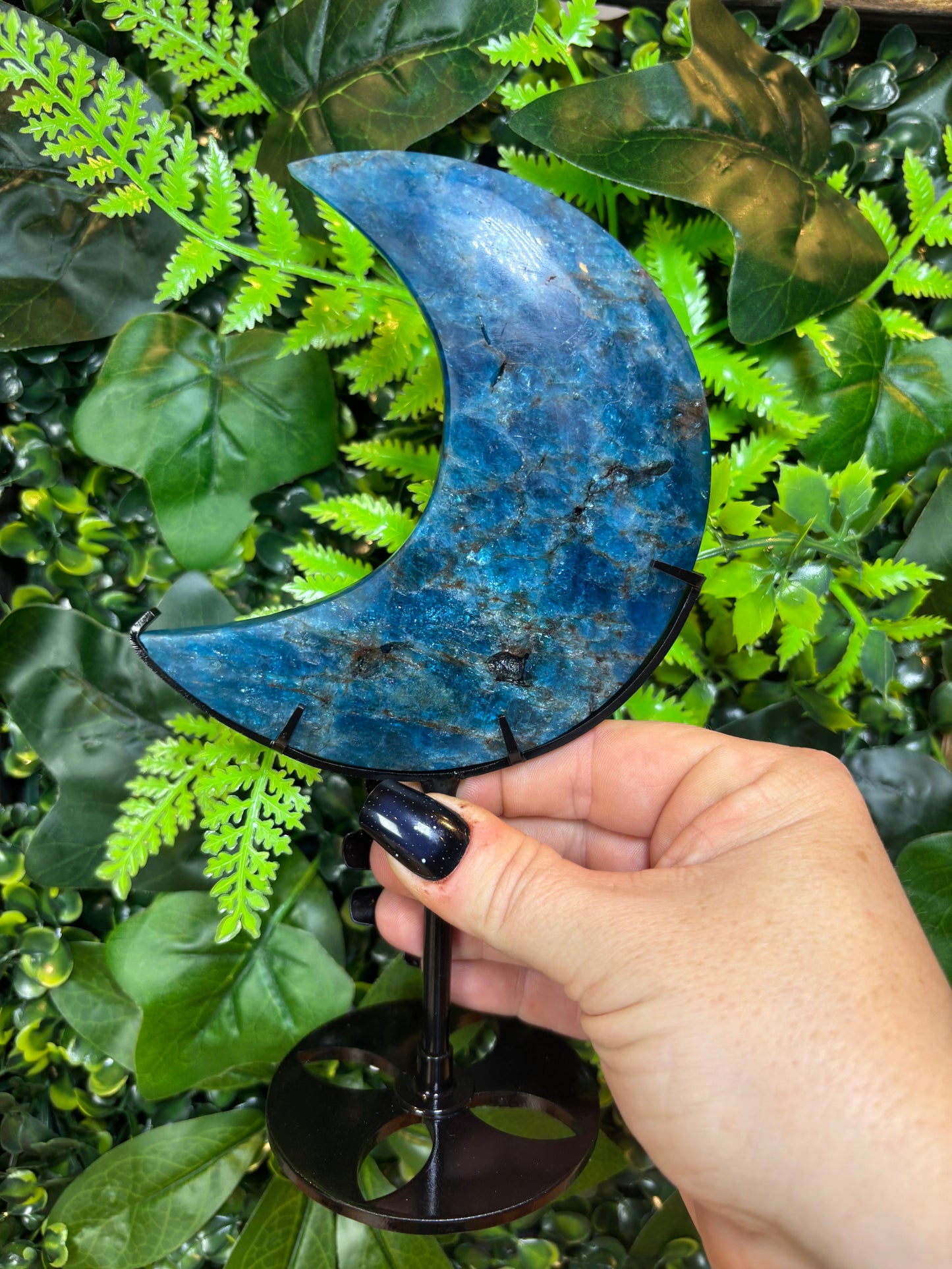 Blue Apatite moon on custom stand - A