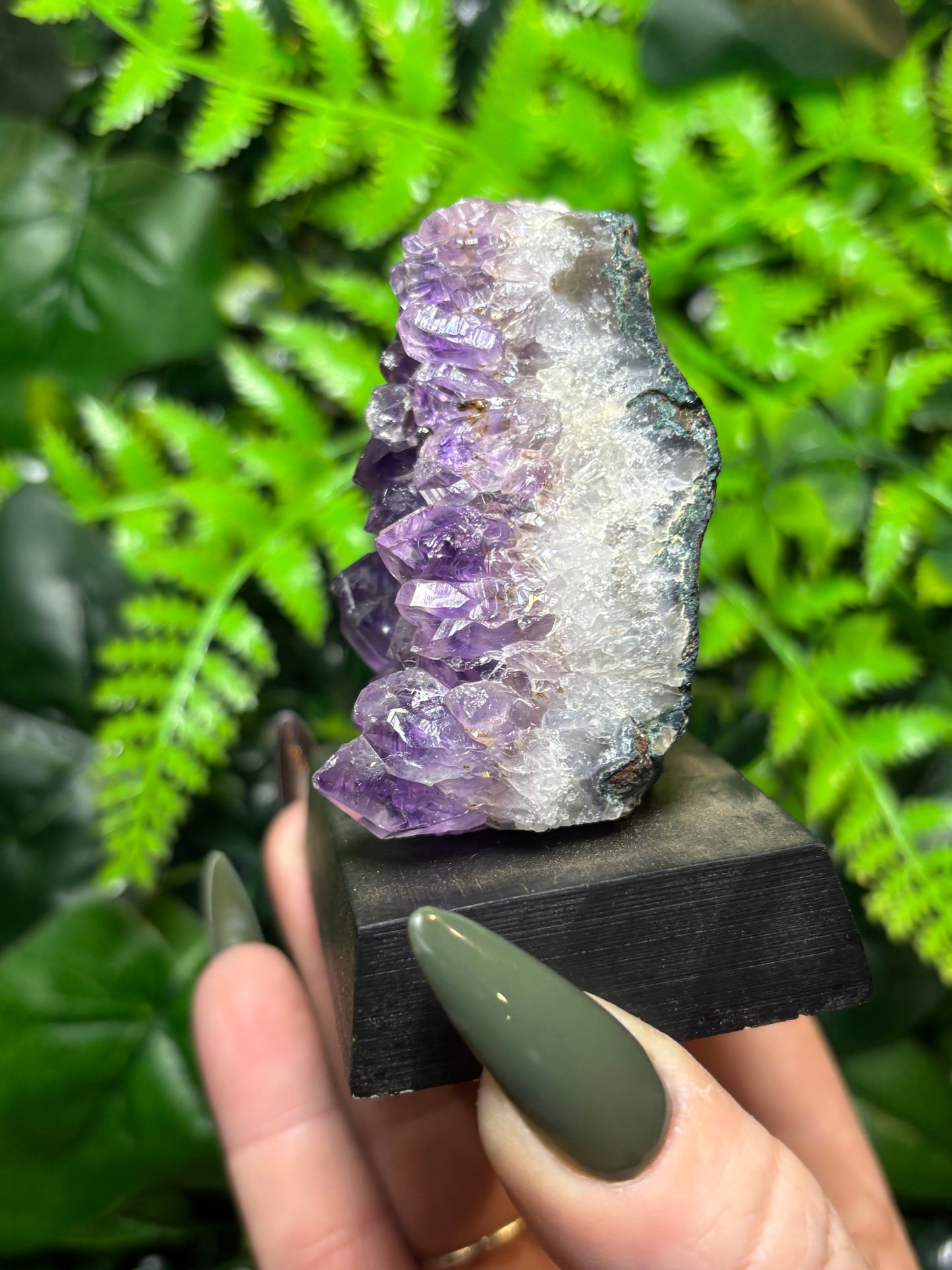 Amethyst cluster on wooden base - A