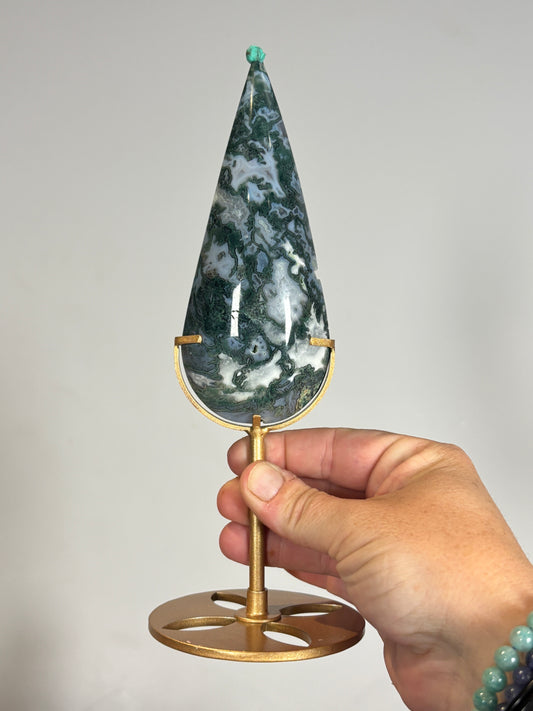 Moss Agate teardrops on stand