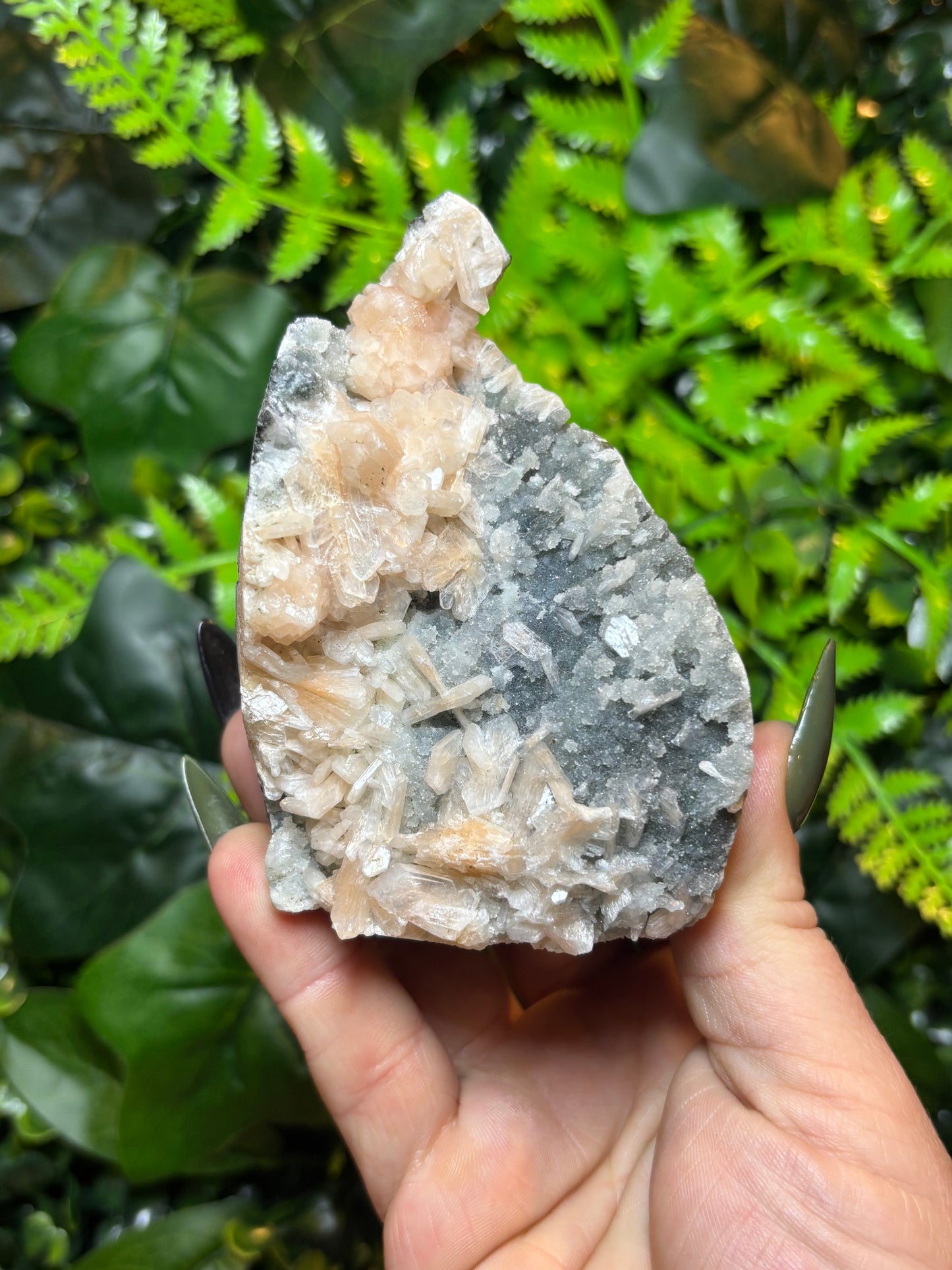 Peach Stilbite and druzy Chalcedony freeform - India