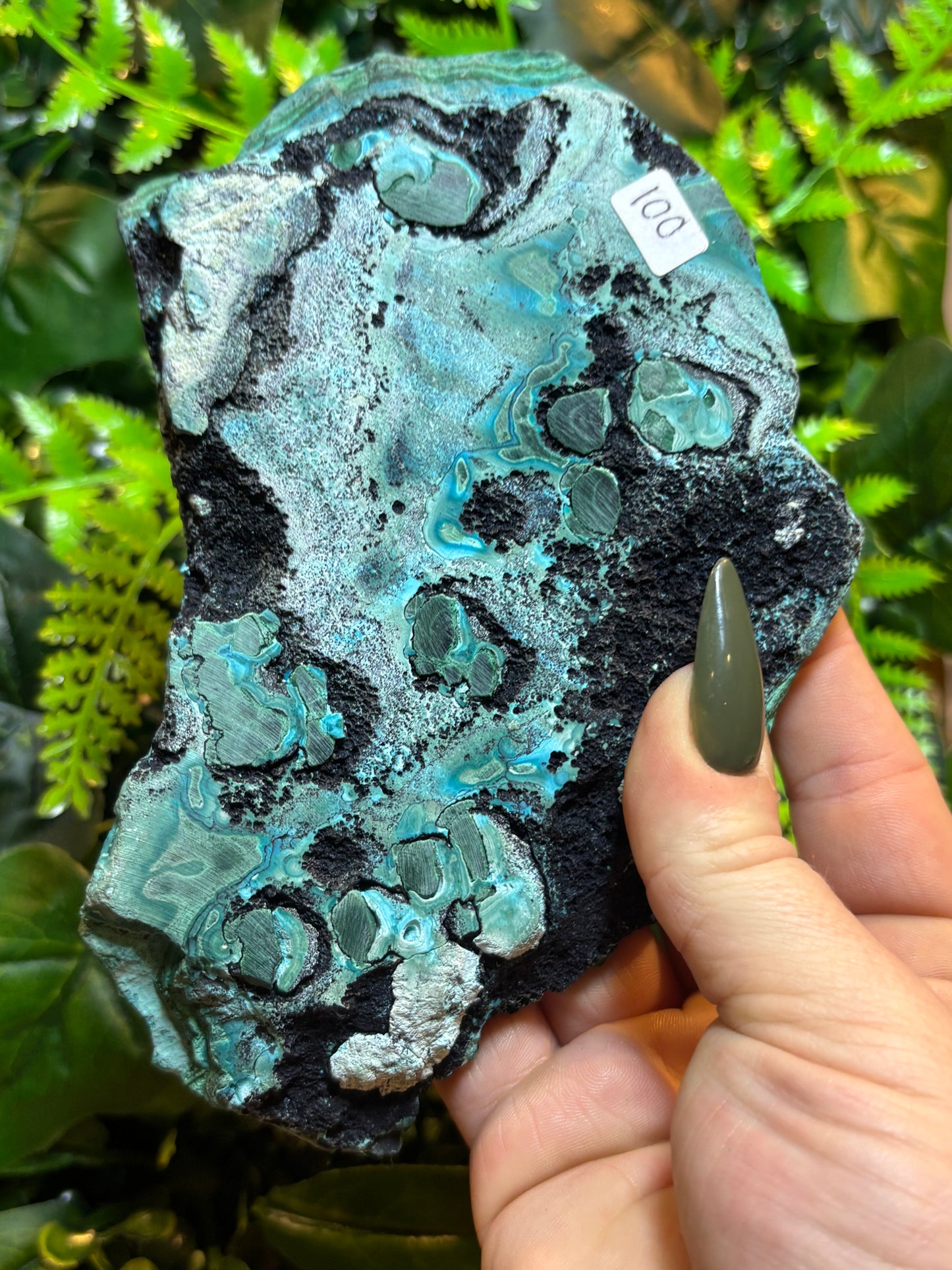 Malachite and Chrysocolla slab on stand