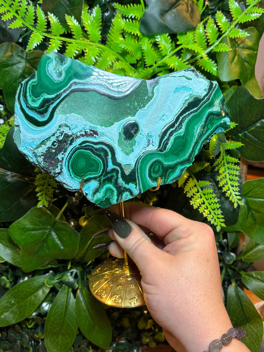Malachite and Chrysocolla slab on stand