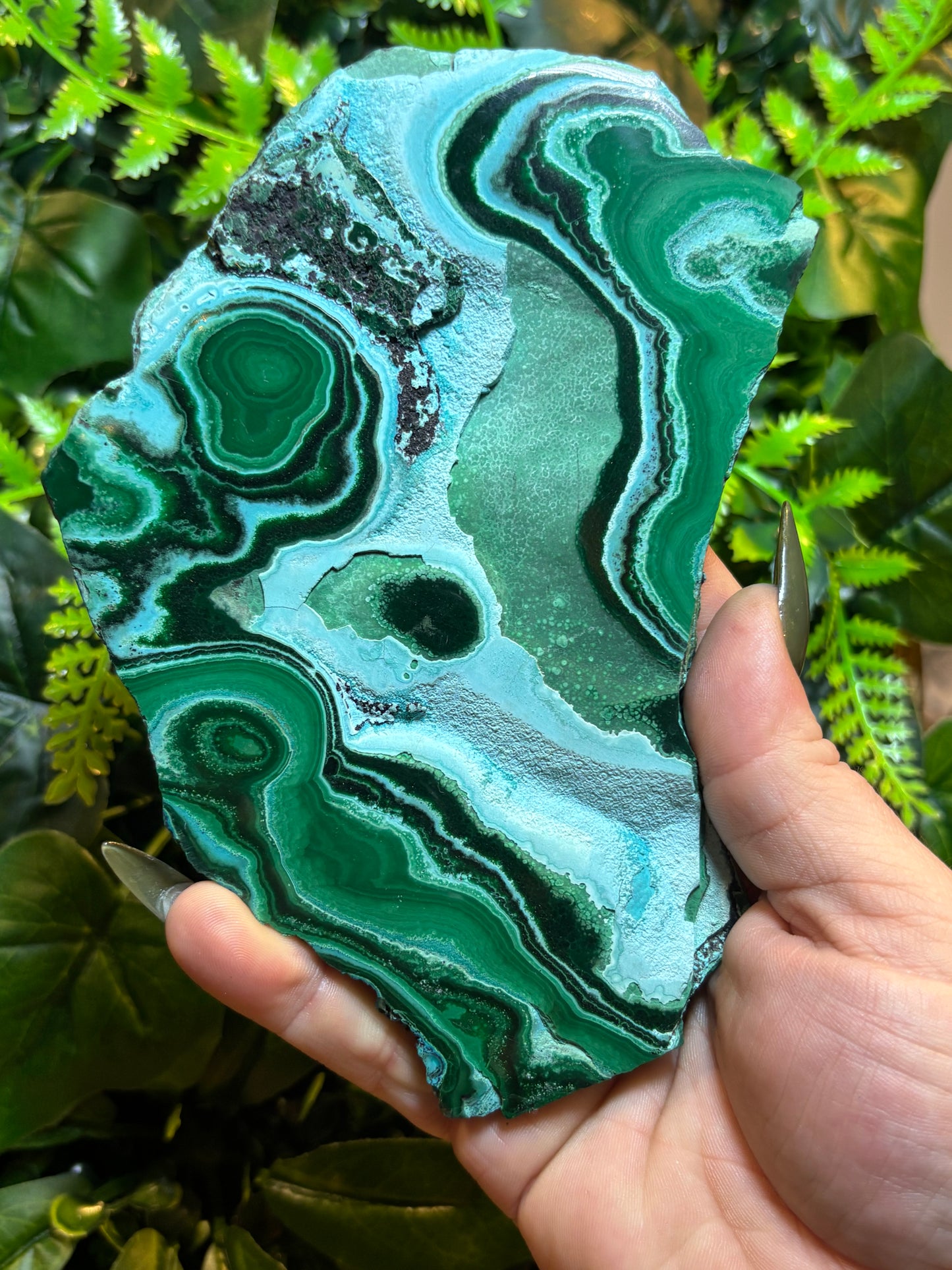 Malachite and Chrysocolla slab on stand