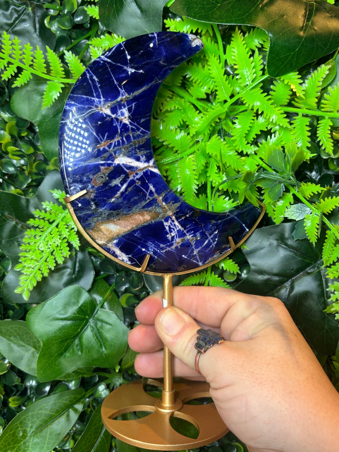 Sodalite moon on custom stand