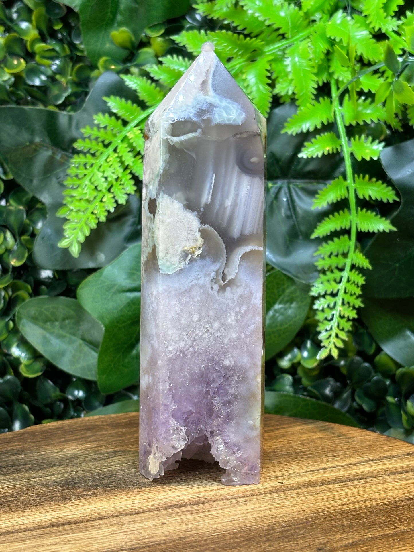 Green Flower Agate X Amethyst tower