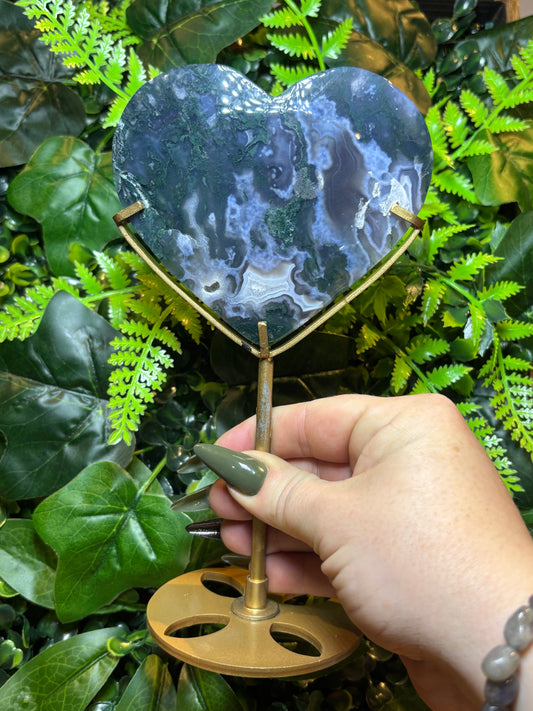 Moss Agate heart on custom stand