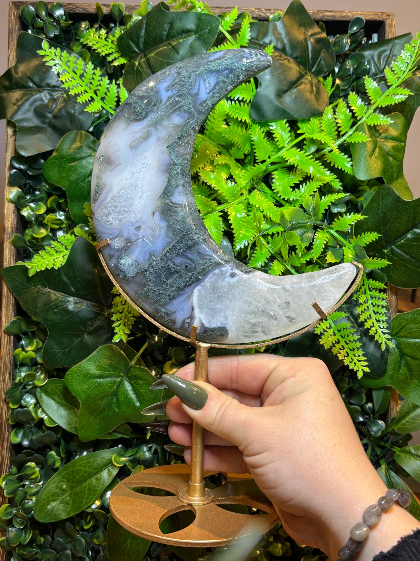 Statement Moss Agate moon on custom stand