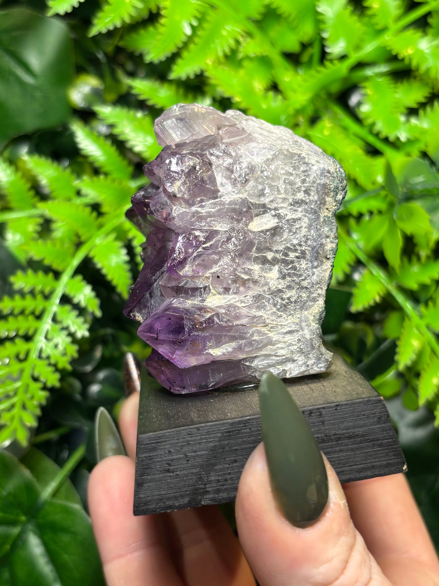 Amethyst cluster on wooden base - B