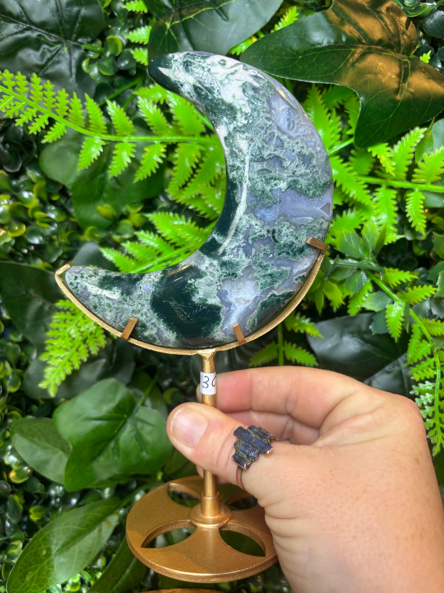 Moss Agate moon on custom stand