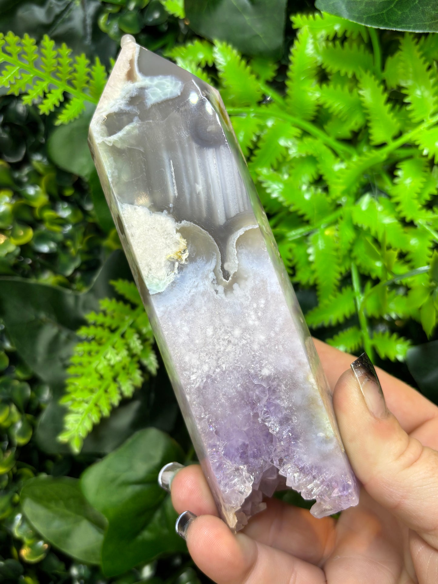 Green Flower Agate X Amethyst tower