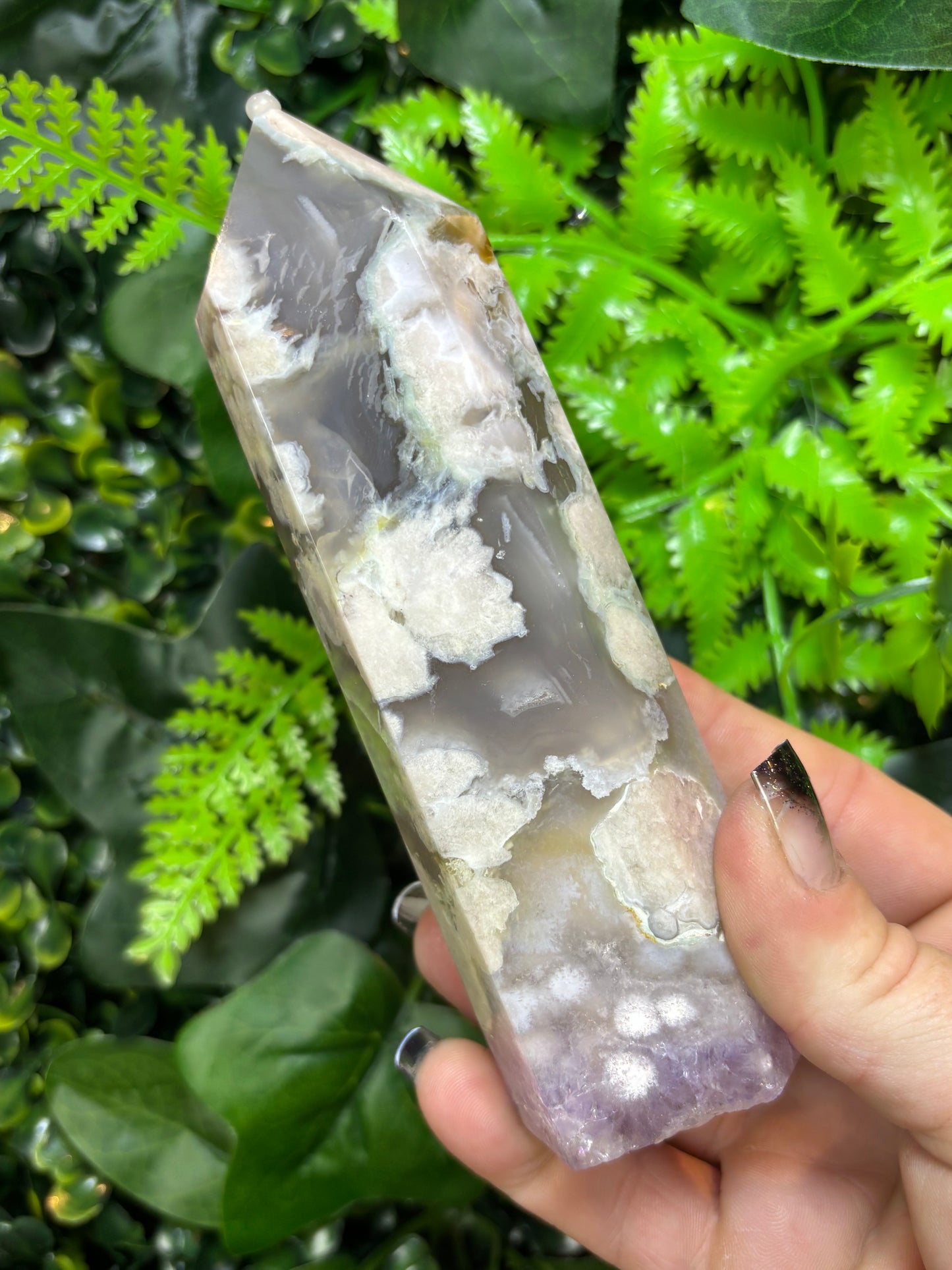 Green Flower Agate X Amethyst tower