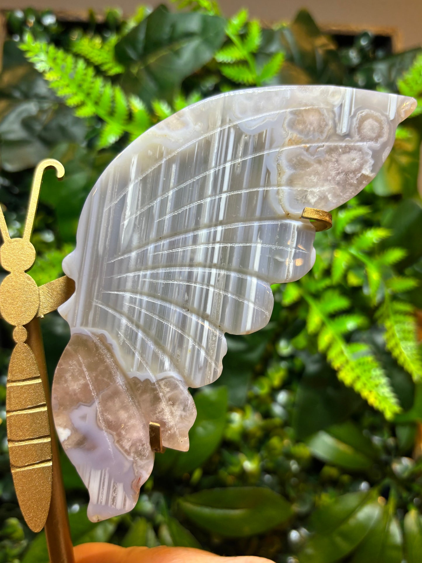 Statement Flower Agate butterfly wings on custom stand