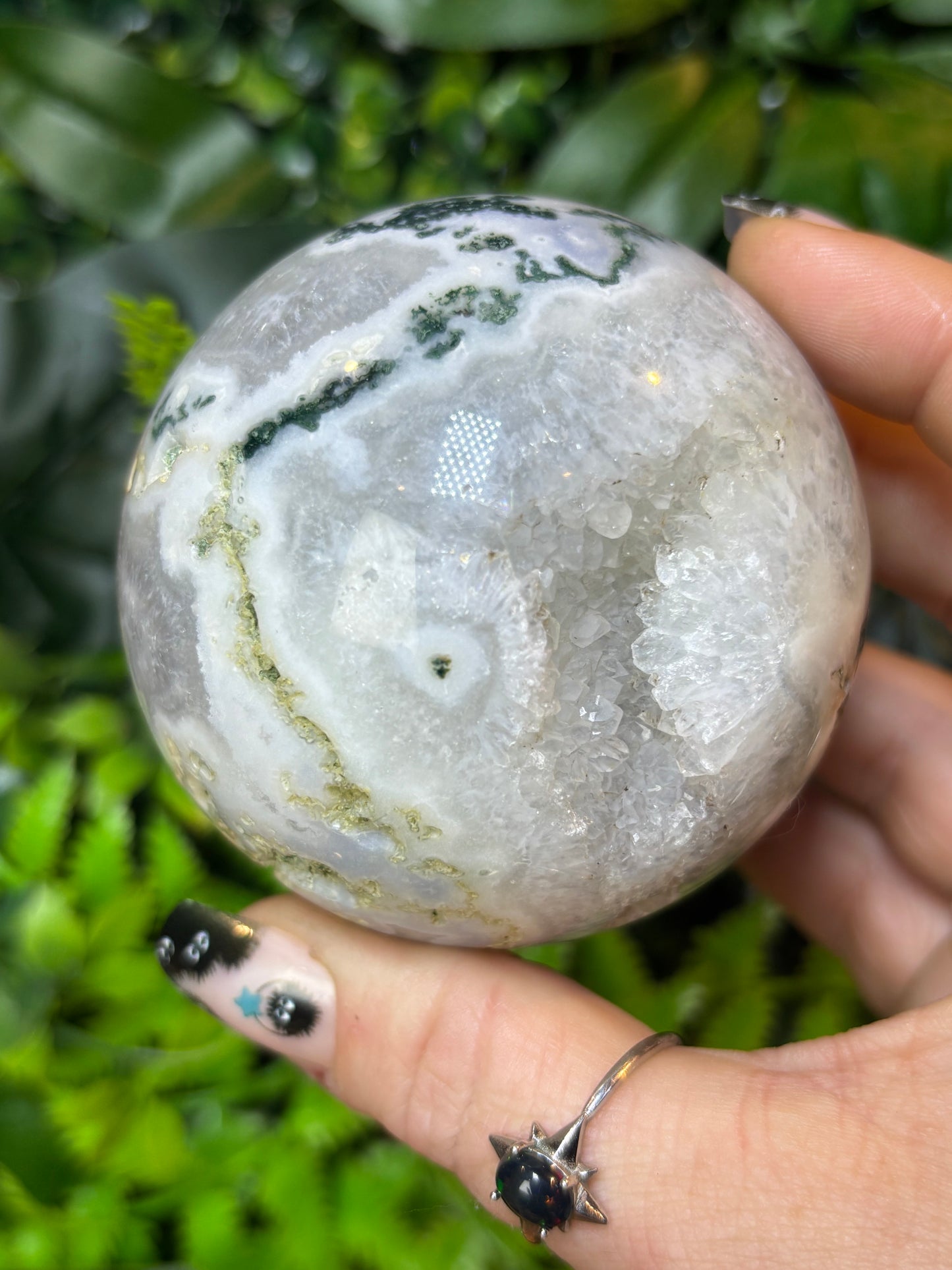 Druzy White Moss Agate sphere