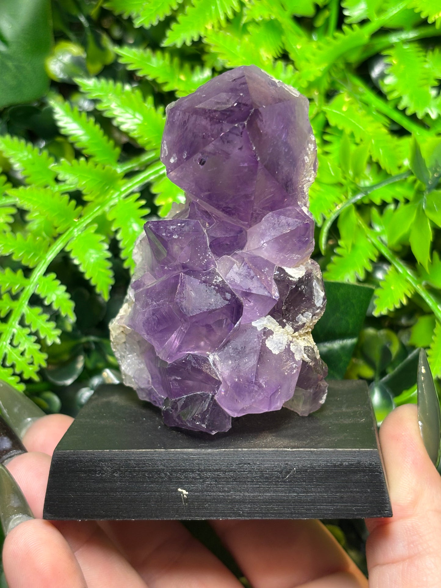 Amethyst cluster on wooden base - C