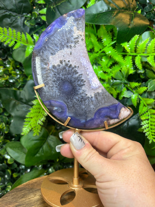 Blue Flower Agate moon on custom stand