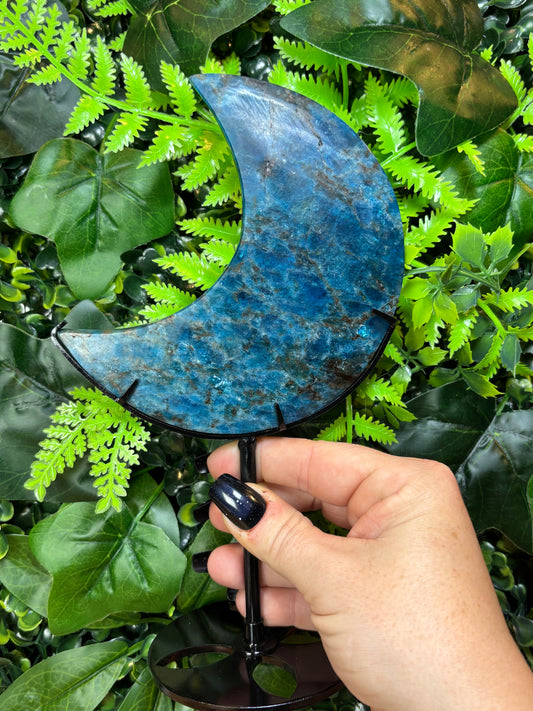 Blue Apatite Moon on custom stand - B