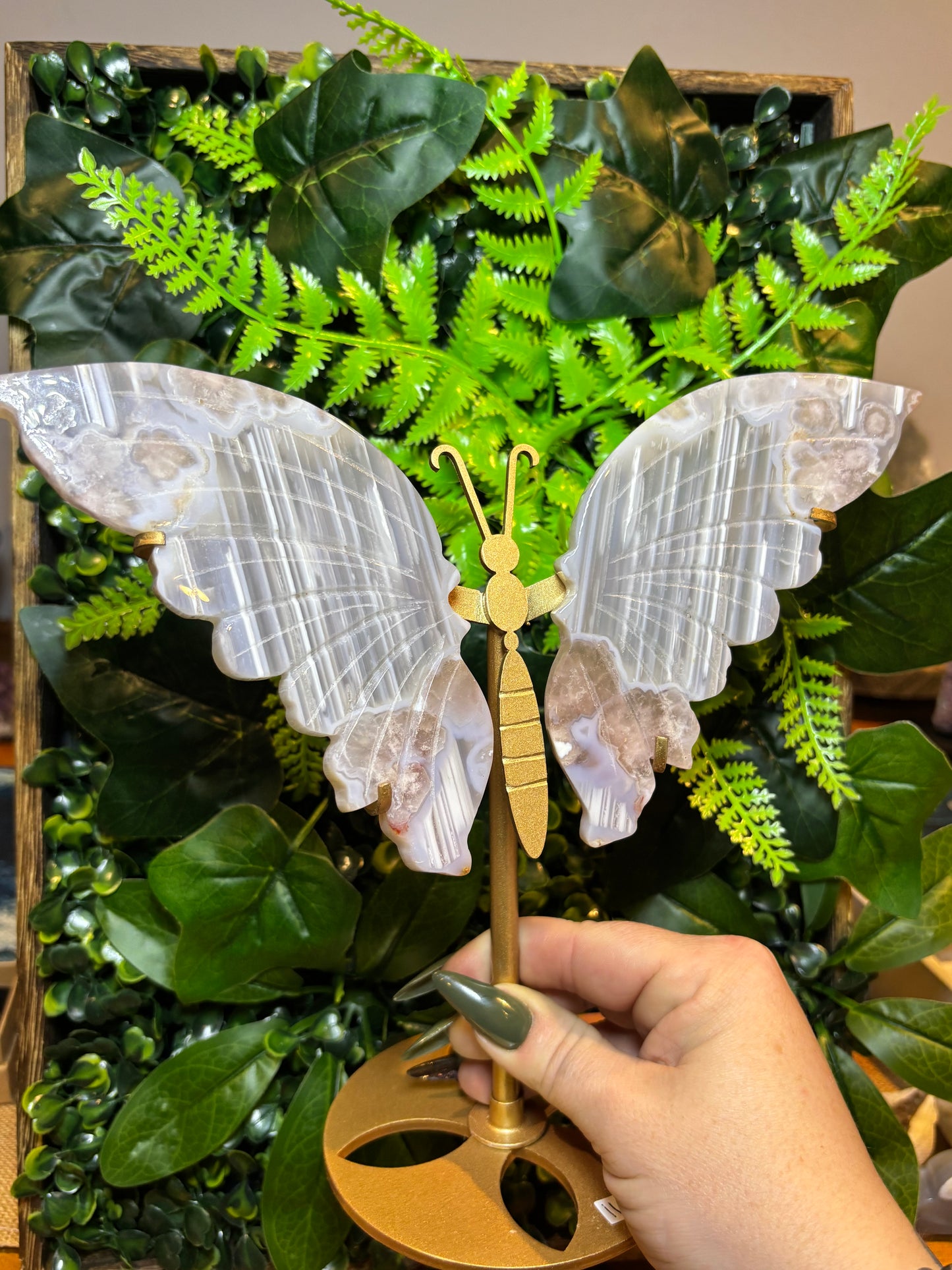 Statement Flower Agate butterfly wings on custom stand