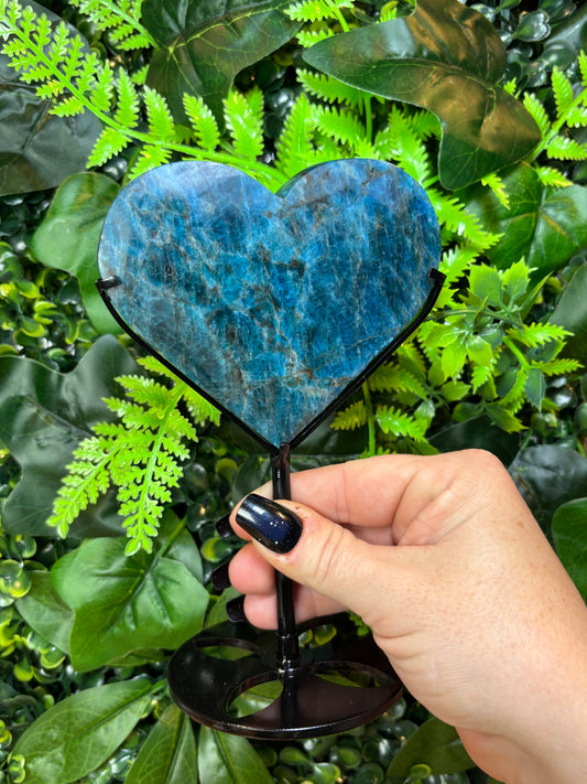 Blue Apatite Heart on custom stand