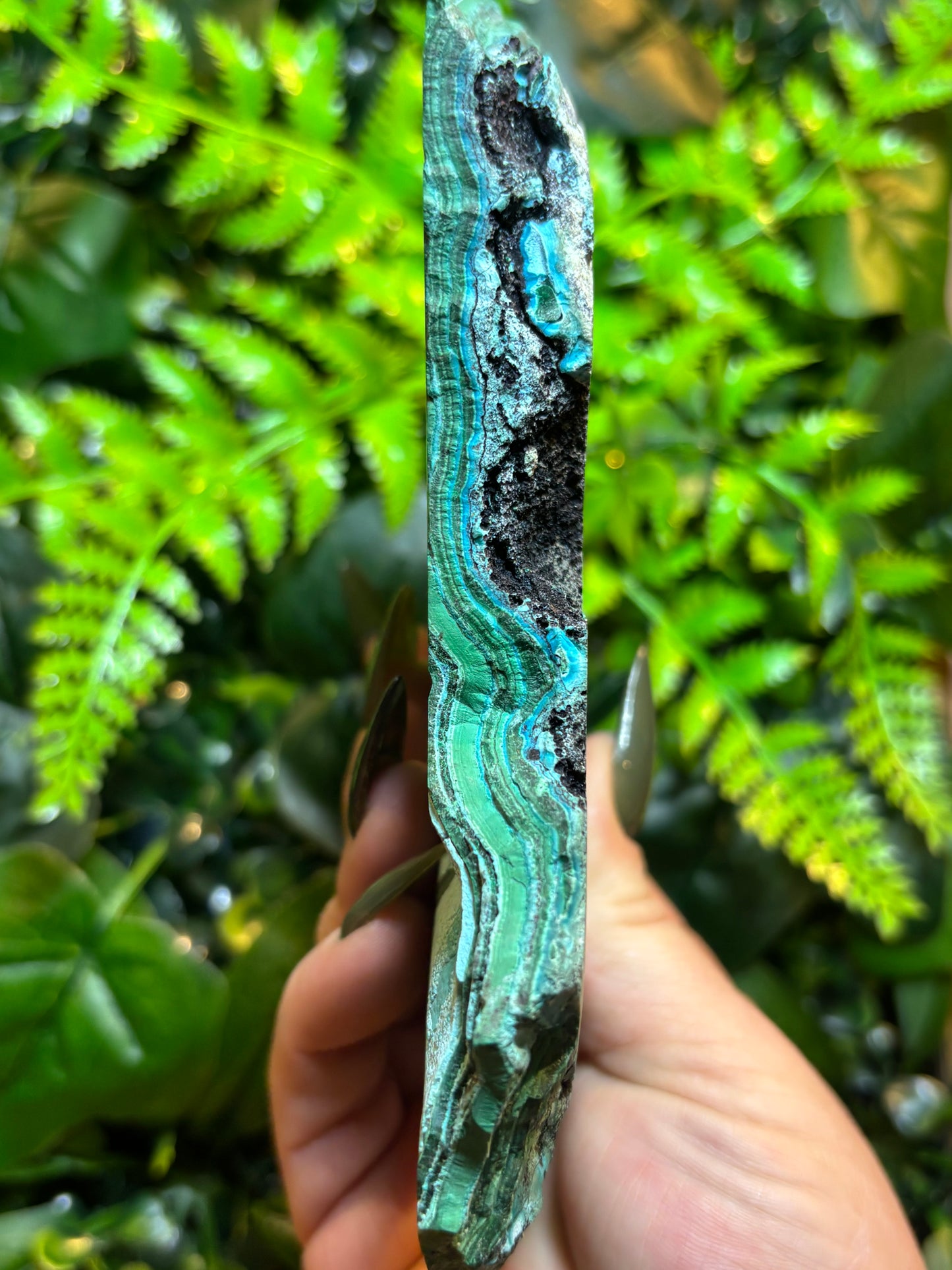 Malachite and Chrysocolla slab on stand