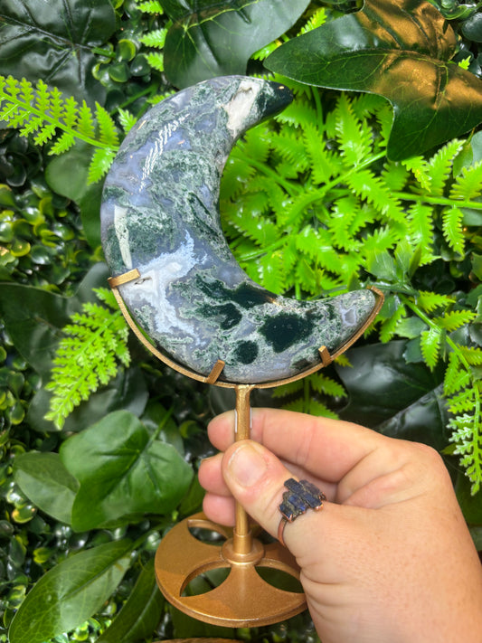 Moss Agate moon on custom stand
