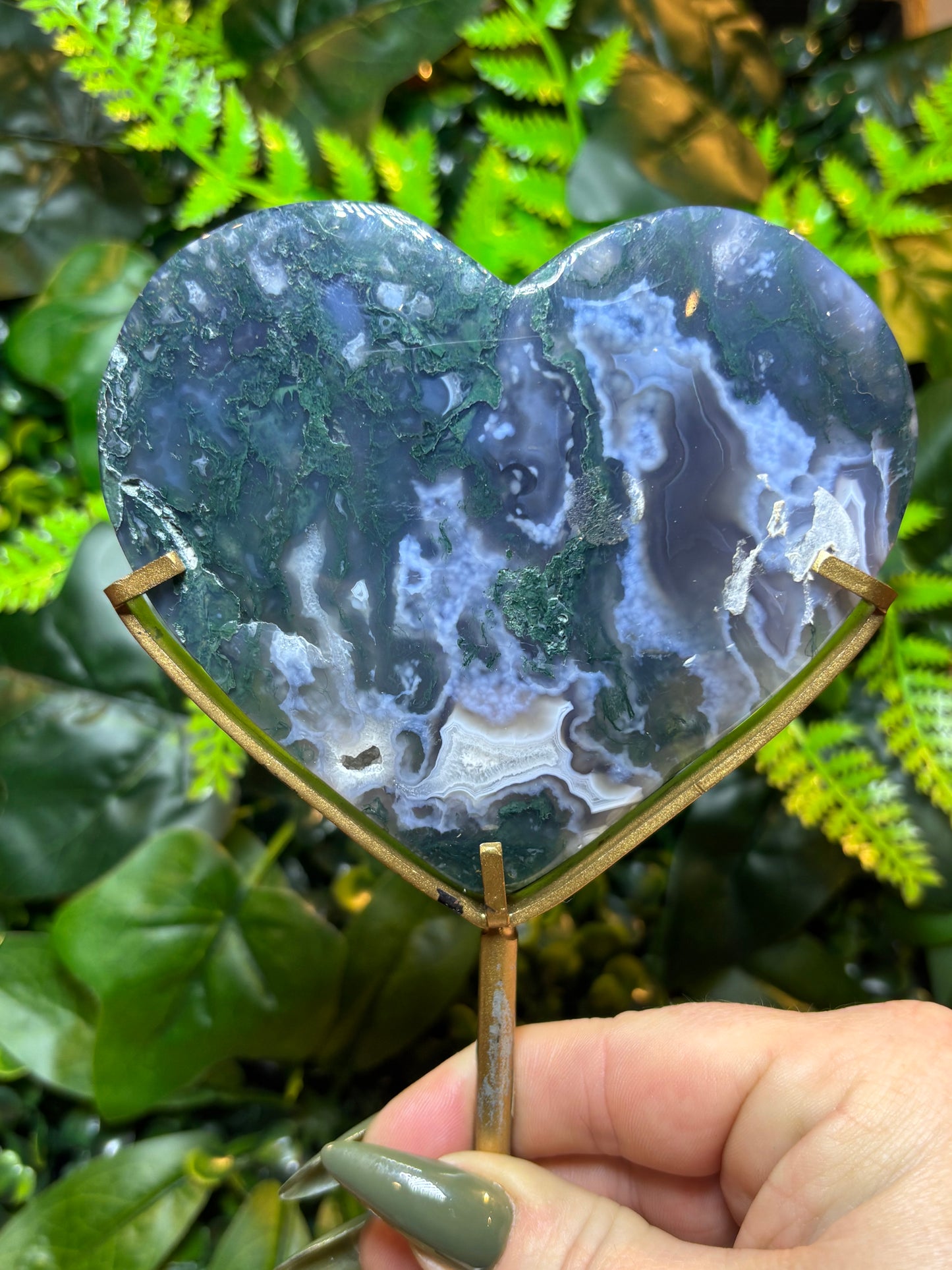 Moss Agate heart on custom stand