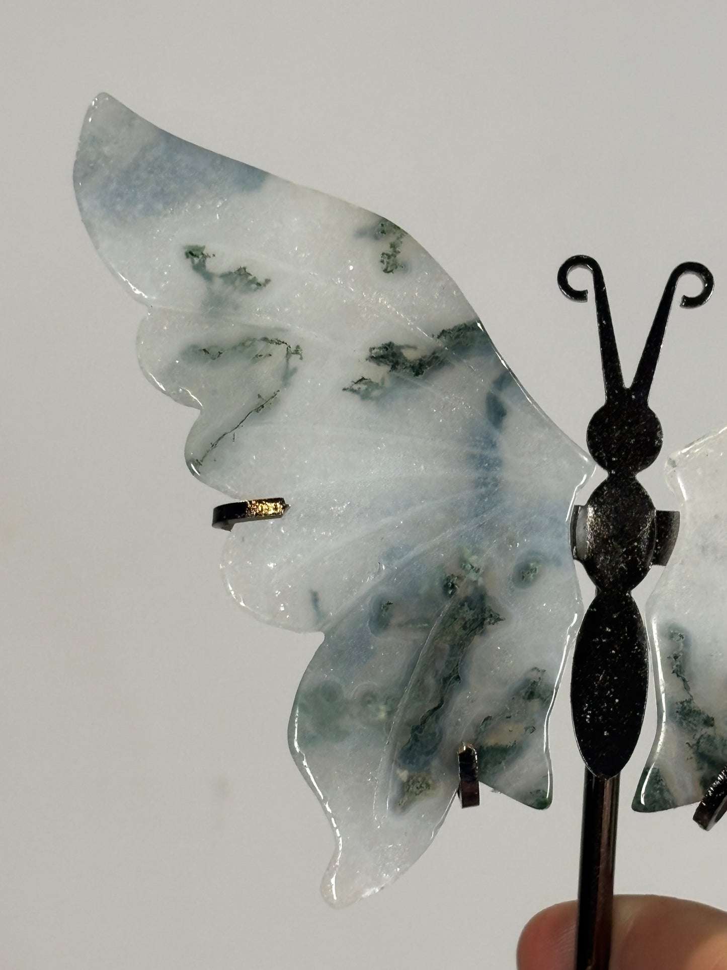 Moss Agate butterfly wings on stand