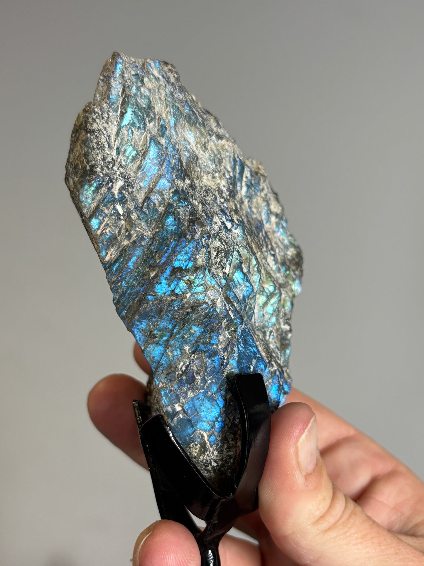 Half polished half raw Labradorite on metal stand