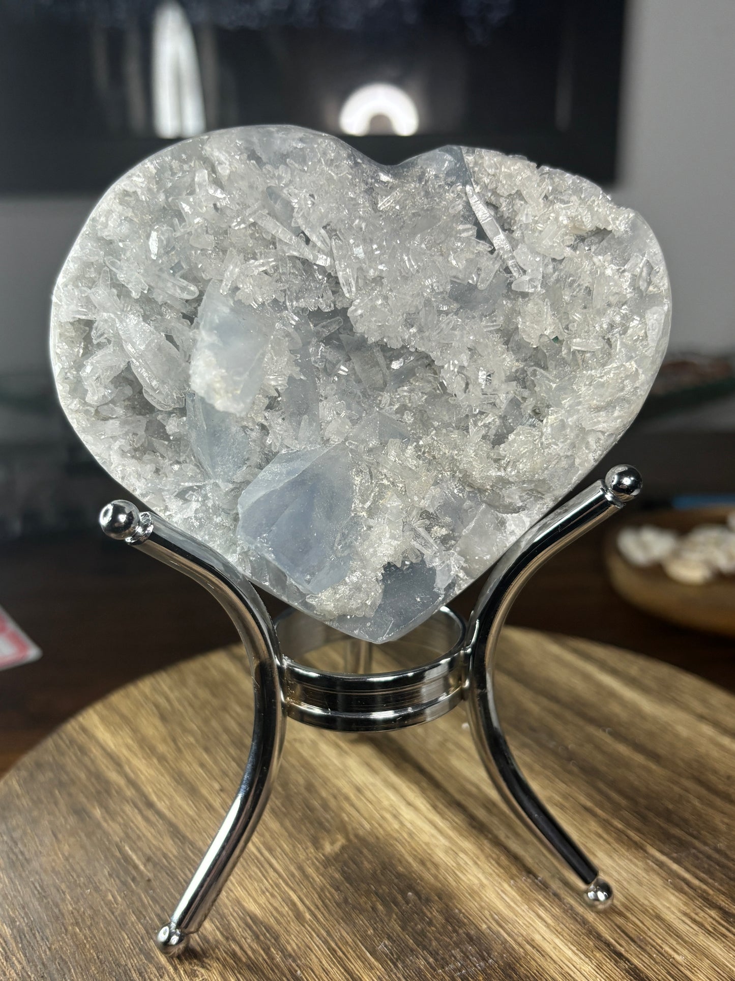 Raw celestite heart with quartz