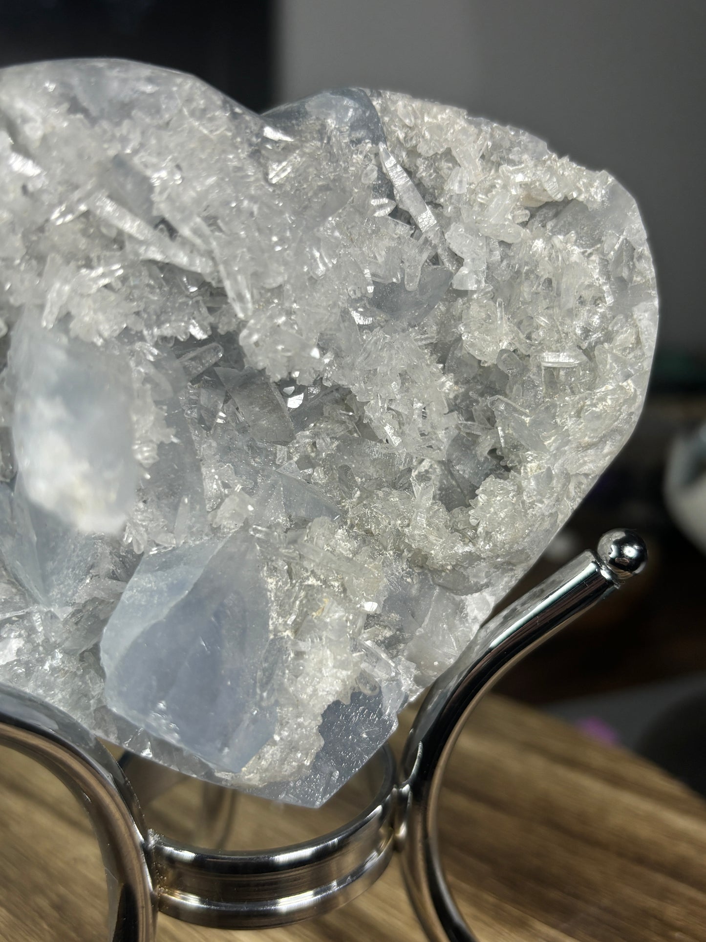 Raw celestite heart with quartz