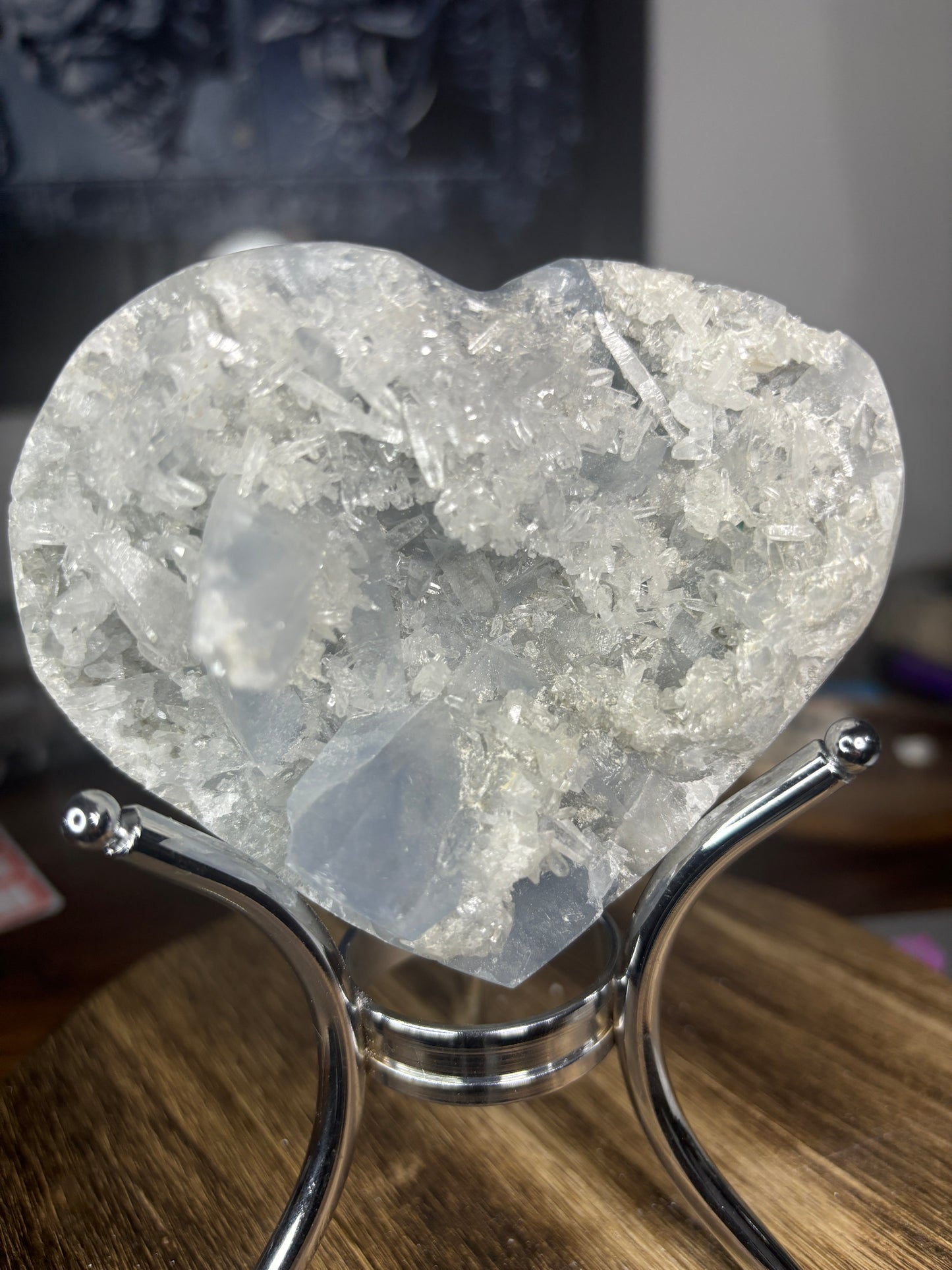 Raw celestite heart with quartz