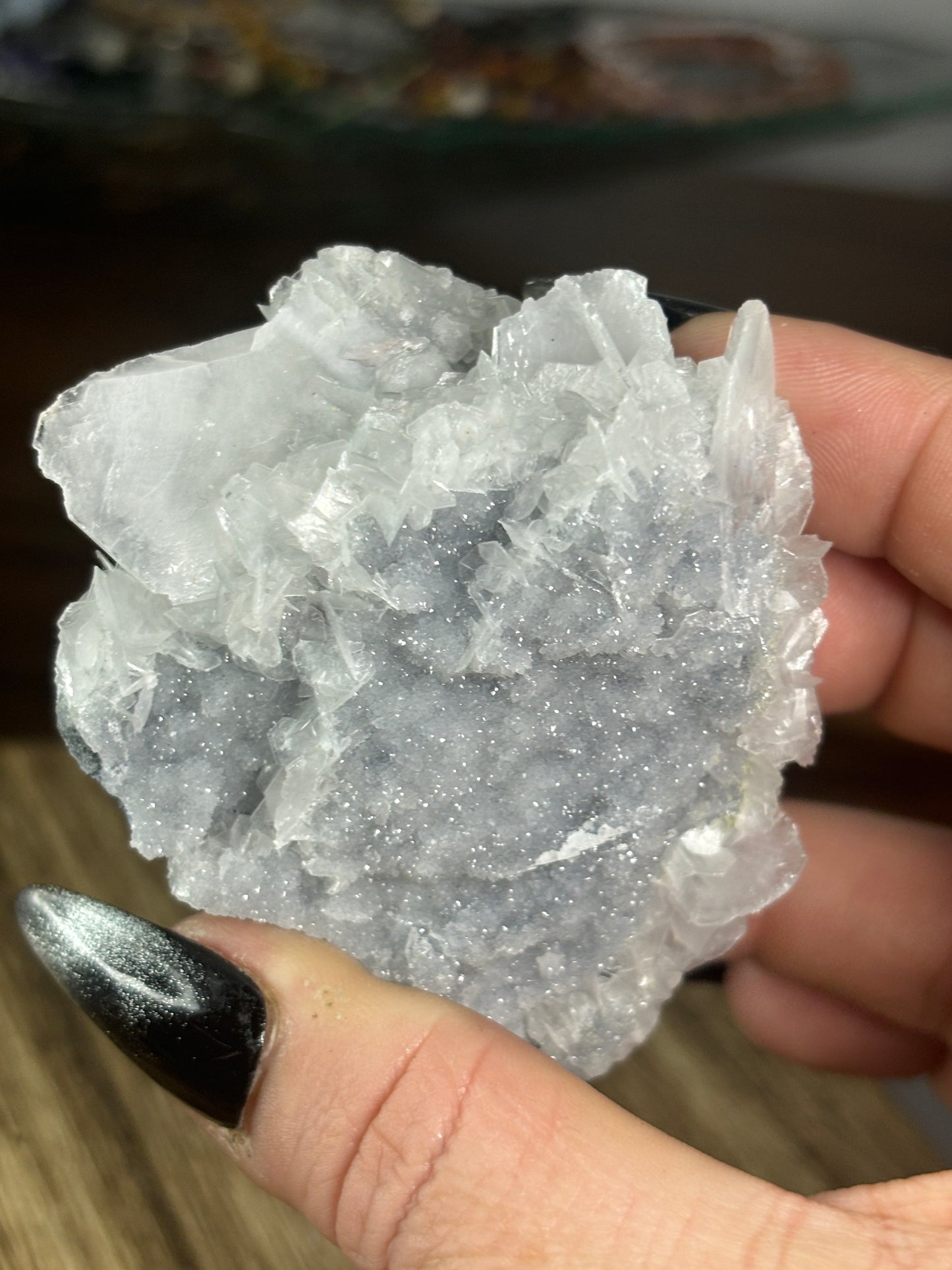 Calcite on druzy chalcedony