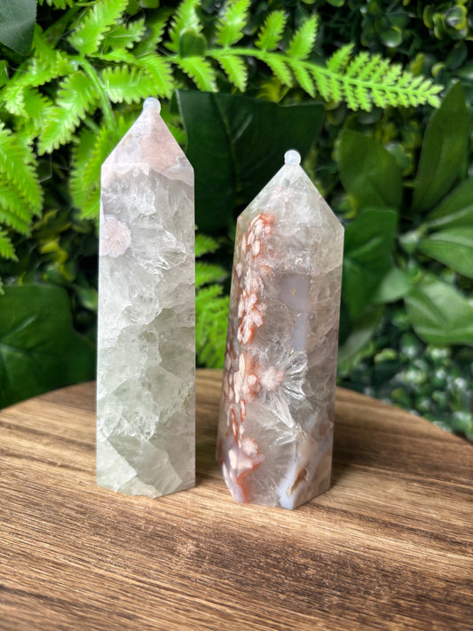 Green quartz X flower agate towers