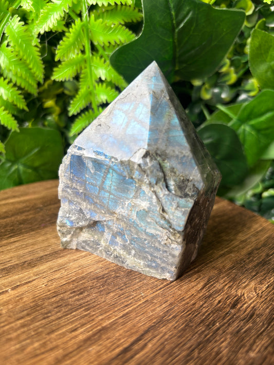 Blue flash labradorite half polished point