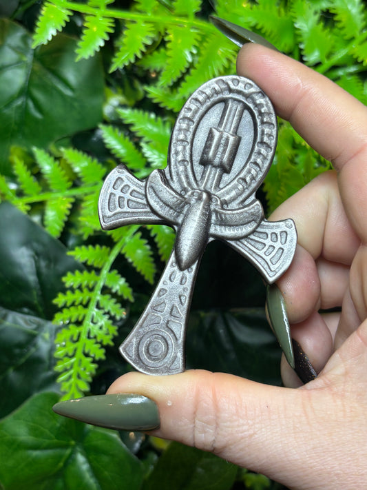 Silver Sheen Obsidian Ankh
